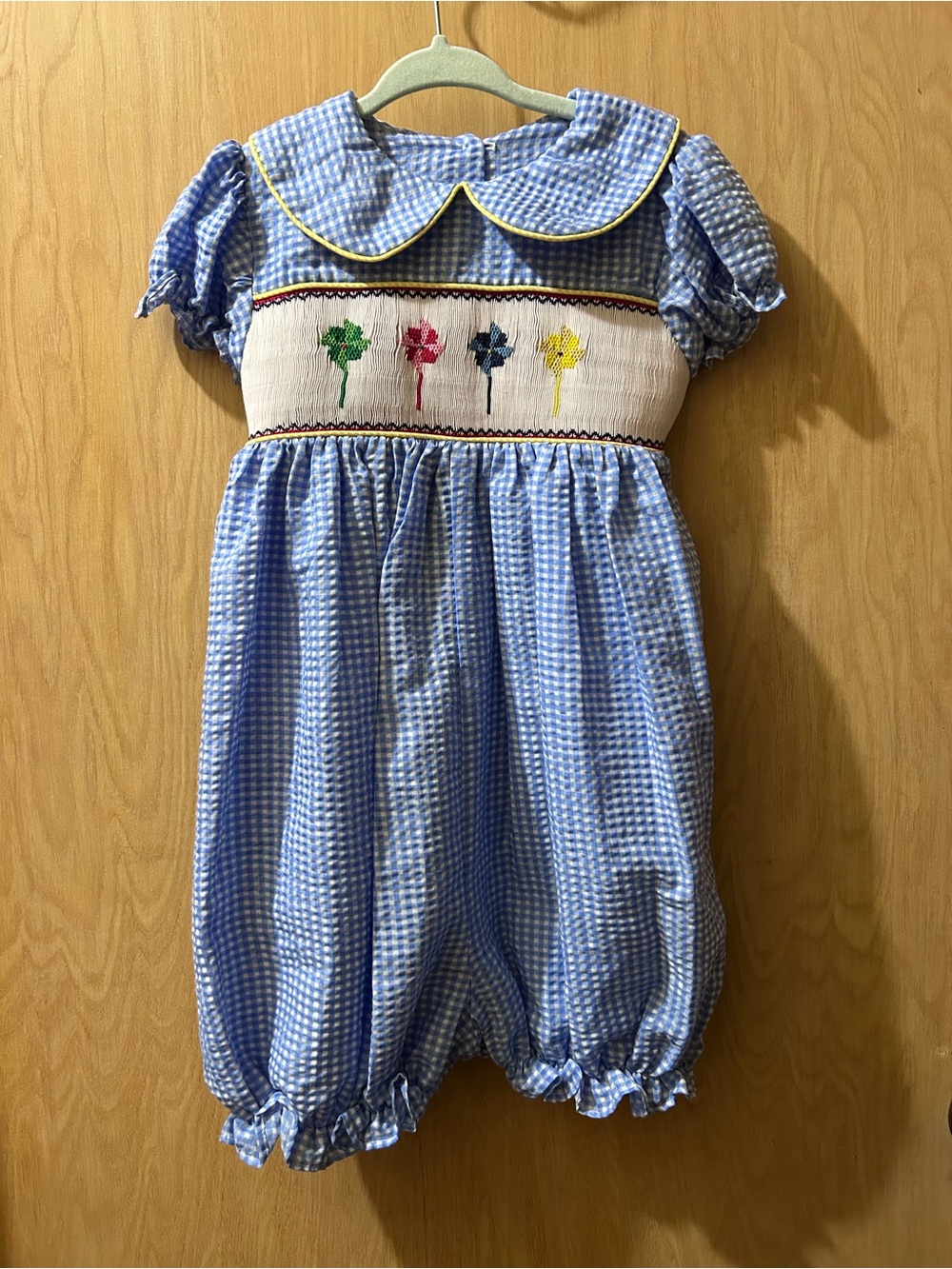Blue Gingham Smocked Pinwheels Bubble Romper